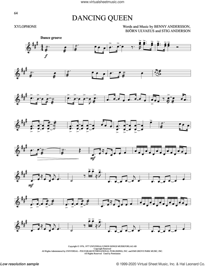 Dancing Queen sheet music for Xylophone Solo (xilofone, xilofono, silofono) by ABBA, Benny Andersson, Bjorn Ulvaeus and Stig Anderson, intermediate skill level