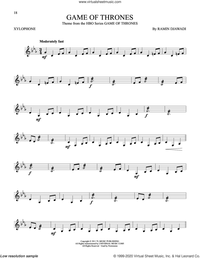 Game Of Thrones sheet music for Xylophone Solo (xilofone, xilofono, silofono) by Ramin Djawadi, intermediate skill level