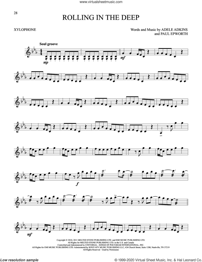 Rolling In The Deep sheet music for Xylophone Solo (xilofone, xilofono, silofono) by Adele, Adele Adkins and Paul Epworth, intermediate skill level