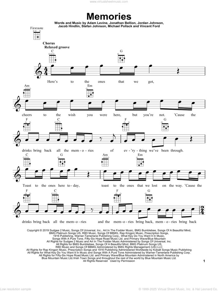 Memories sheet music for ukulele by Maroon 5, Adam Levine, Jacob Hindlin, Jon Bellion, Michael Pollack, Stefan Johnson and Vincent Ford, intermediate skill level