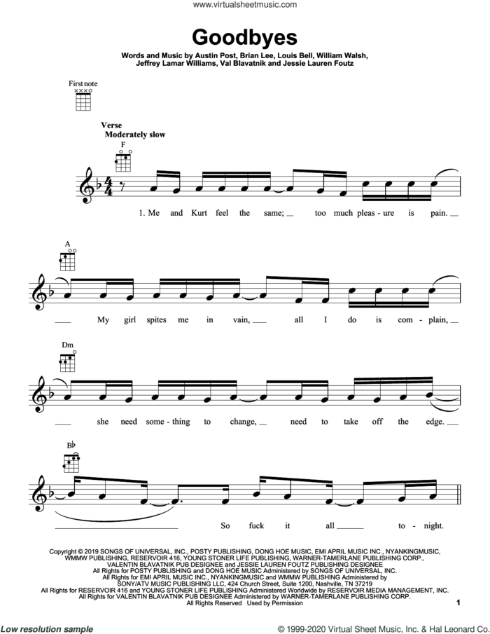 Goodbyes (feat. Young Thug) sheet music for ukulele by Post Malone, Young Thug, Austin Post, Brian Lee, Jeffrey Lamar Williams, Jessie Lauren Foutz, Louis Bell, Valentin Blavatnik and William Walsh, intermediate skill level