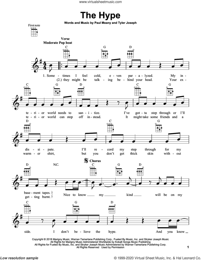 The Hype sheet music for ukulele by Twenty One Pilots, Paul Meany and Tyler Joseph, intermediate skill level