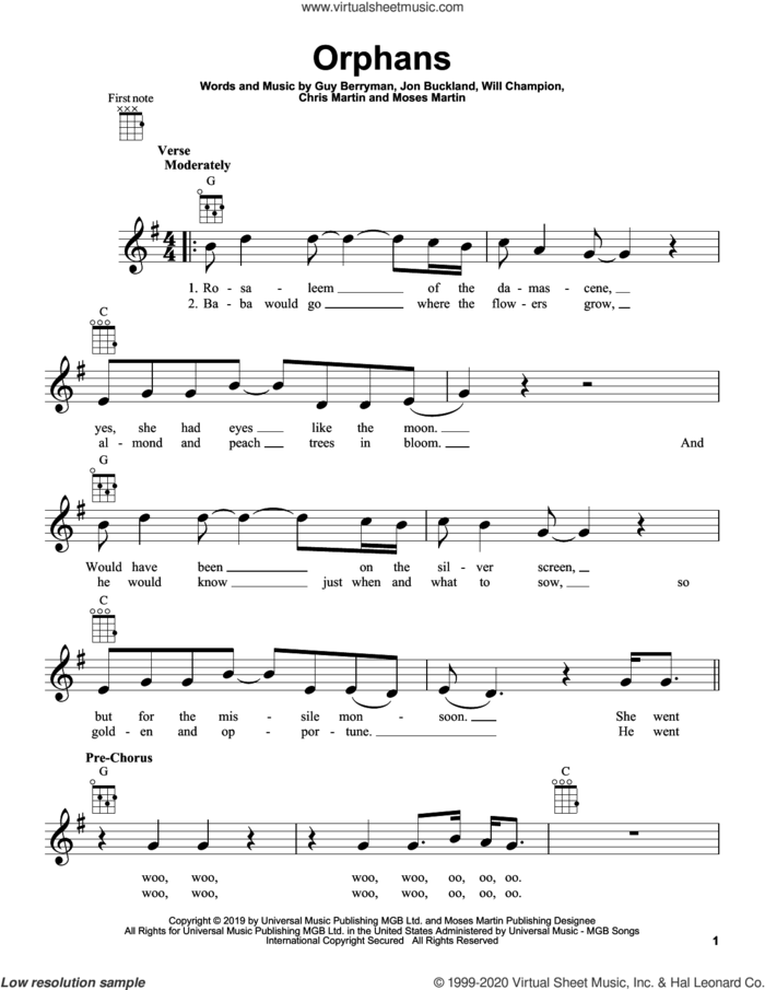 Orphans sheet music for ukulele by Coldplay, Chris Martin, Guy Berryman, Jon Buckland, Moses Martin and Will Champion, intermediate skill level
