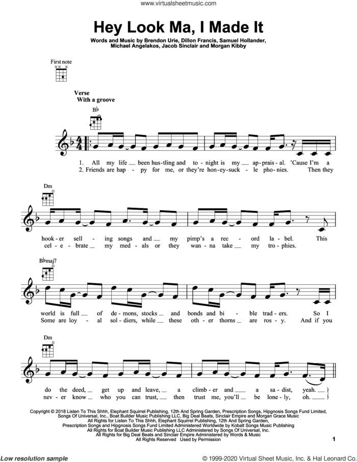 Hey Look Ma, I Made It sheet music for ukulele by Panic! At The Disco, Brendon Urie, Dillon Francis, Jacob Sinclair, Michael Angelakos, Morgan Kibby and Sam Hollander, intermediate skill level