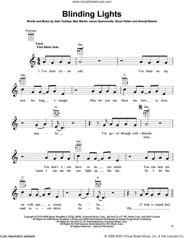 Blinding Lights sheet music for ukulele by The Weeknd, Abel Tesfaye, Ahmad Balshe, Jason Quenneville, Max Martin and Oscar Holter, intermediate skill level