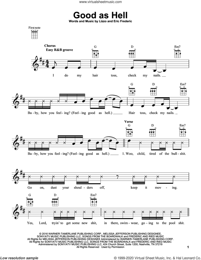 Good As Hell sheet music for ukulele by Lizzo and Eric Frederic, intermediate skill level