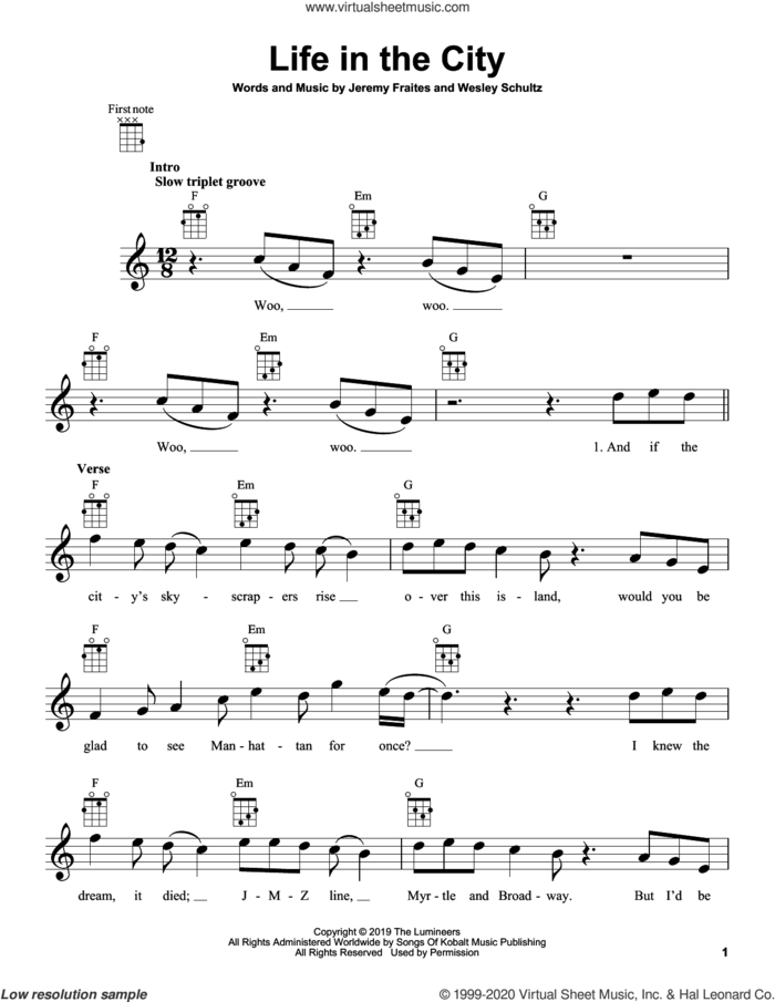 Life In The City sheet music for ukulele by The Lumineers, Jeremy Fraites and Wesley Schultz, intermediate skill level
