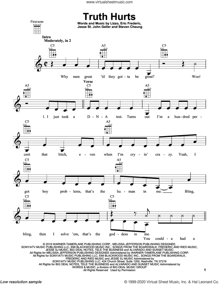 Truth Hurts sheet music for ukulele by Lizzo, Eric Frederic, Jesse St. John Geller and Steven Cheung, intermediate skill level
