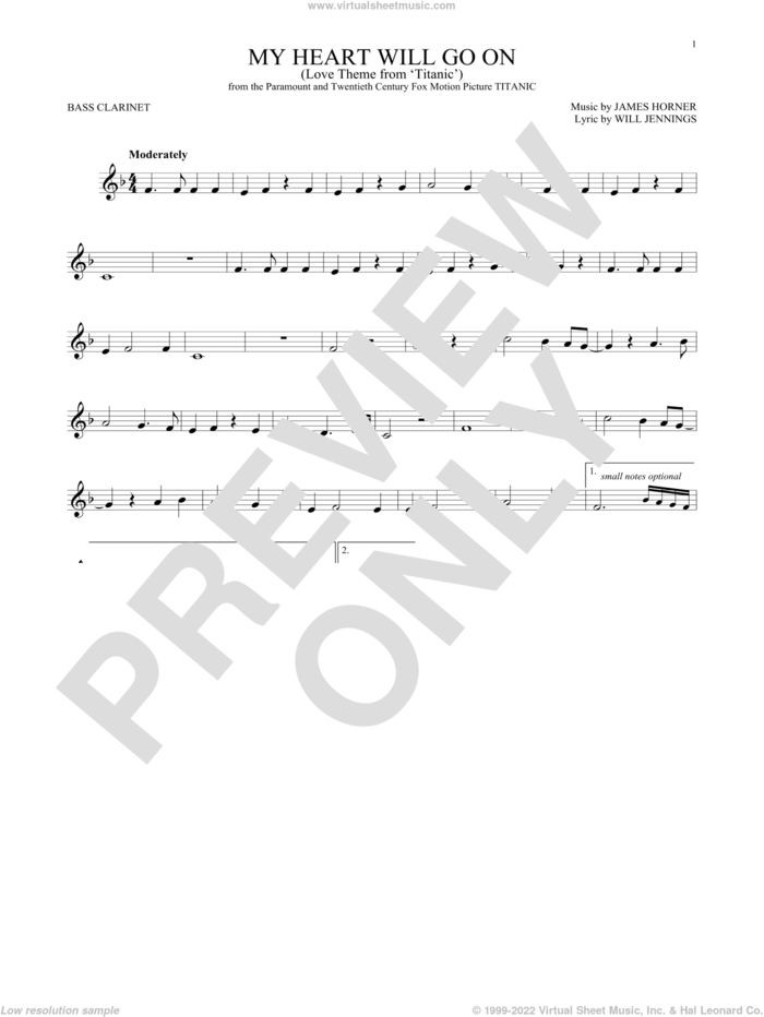 My Heart Will Go On (Love Theme from Titanic) sheet music for Bass Clarinet Solo (clarinetto basso) by Celine Dion, James Horner and Will Jennings, wedding score, intermediate skill level