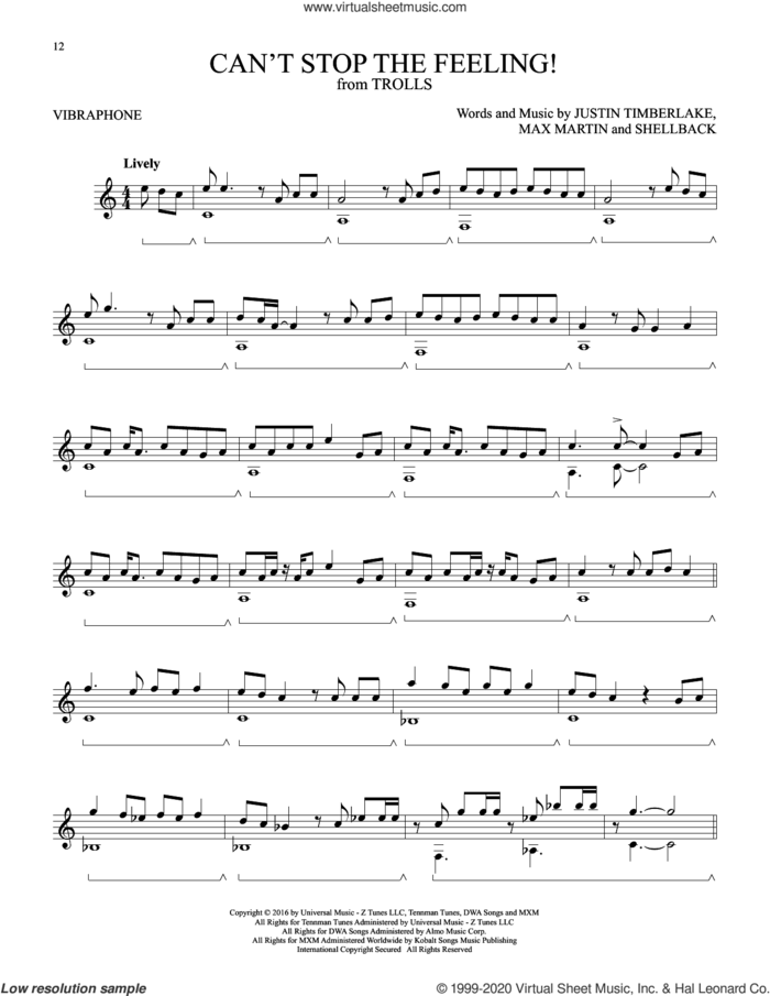 Can't Stop The Feeling! sheet music for Vibraphone Solo by Justin Timberlake, Johan Schuster, Max Martin and Shellback, intermediate skill level
