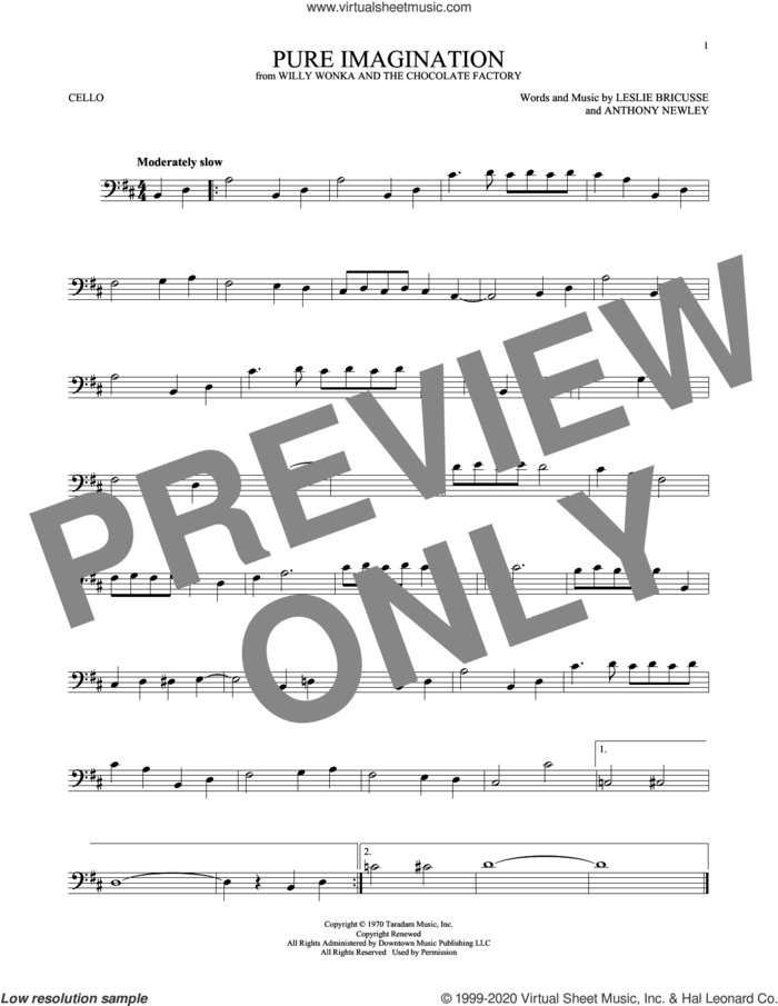 Pure Imagination (from Willy Wonka and The Chocolate Factory) sheet music for cello solo by Leslie Bricusse and Anthony Newley, intermediate skill level