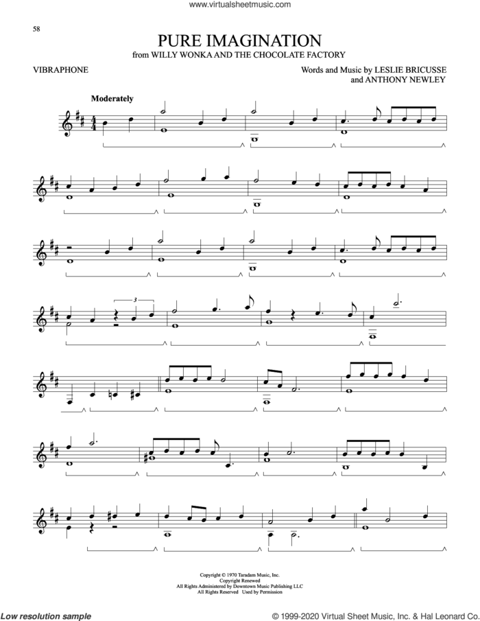 Pure Imagination (from Willy Wonka and The Chocolate Factory) sheet music for Vibraphone Solo by Leslie Bricusse and Anthony Newley, intermediate skill level