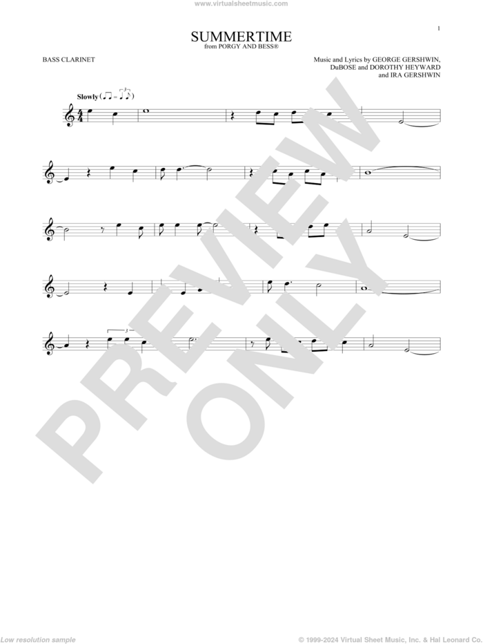 Summertime sheet music for Bass Clarinet Solo (clarinetto basso) by George Gershwin, Dorothy Heyward, DuBose Heyward and Ira Gershwin, intermediate skill level