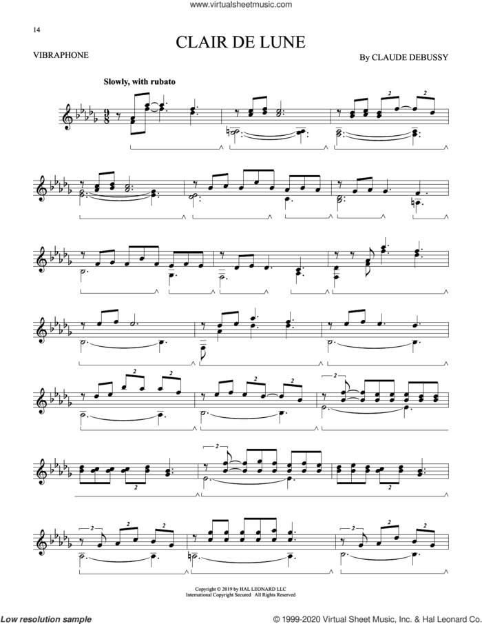 Clair De Lune sheet music for Vibraphone Solo by Claude Debussy, classical score, intermediate skill level