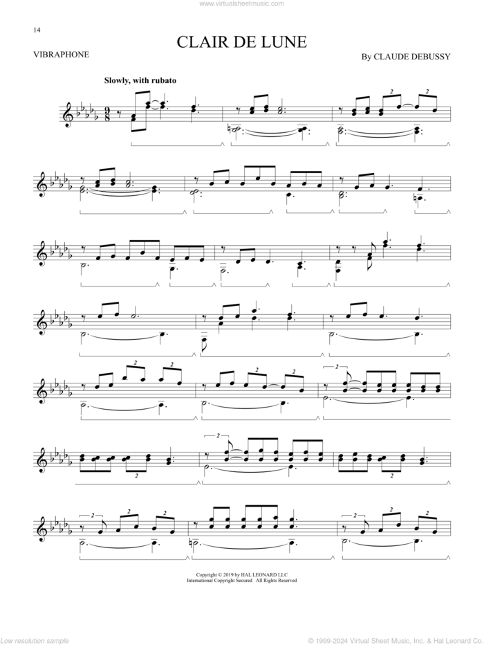 Clair De Lune sheet music for Vibraphone Solo by Claude Debussy, classical wedding score, intermediate skill level