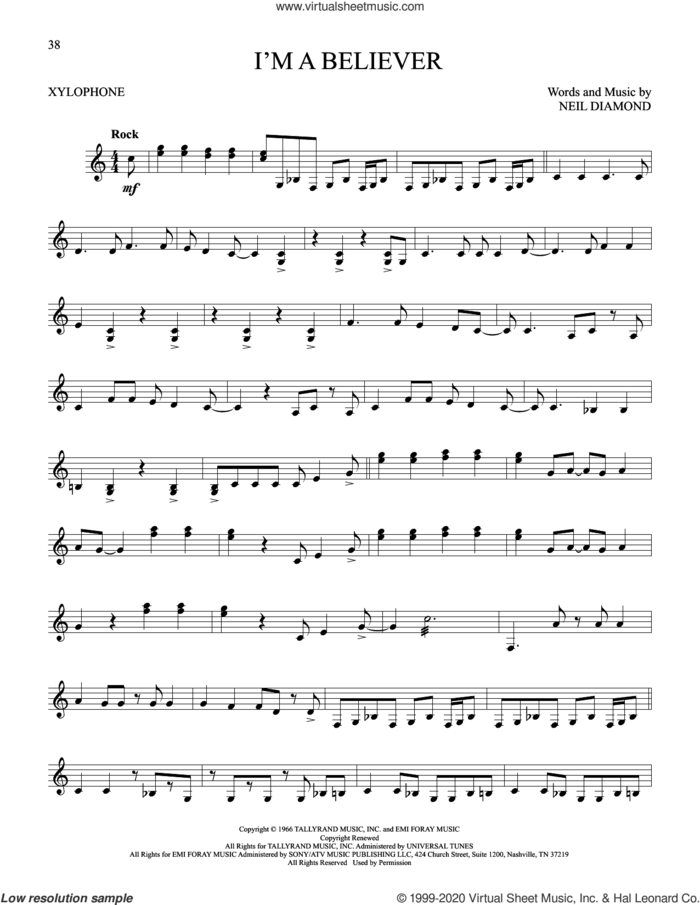 I'm A Believer sheet music for Xylophone Solo (xilofone, xilofono, silofono) by Smash Mouth and Neil Diamond, intermediate skill level