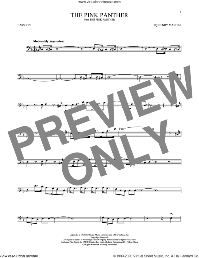 The Pink Panther sheet music for Bassoon Solo by Henry Mancini, intermediate skill level