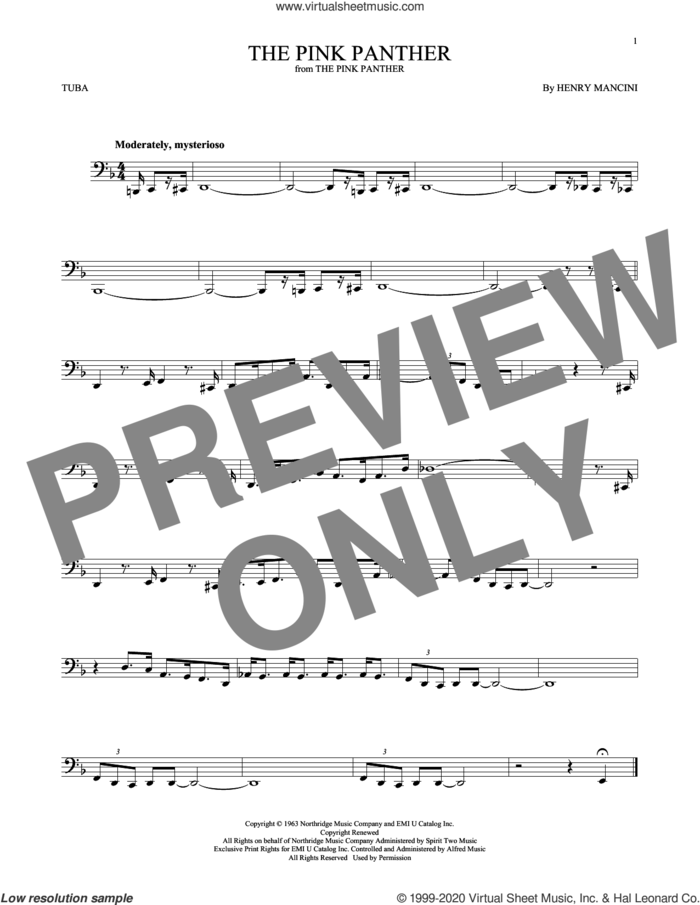 The Pink Panther sheet music for Tuba Solo (tuba) by Henry Mancini, intermediate skill level