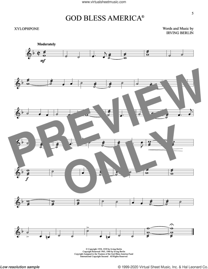 God Bless America sheet music for Xylophone Solo (xilofone, xilofono, silofono) by Irving Berlin, intermediate skill level