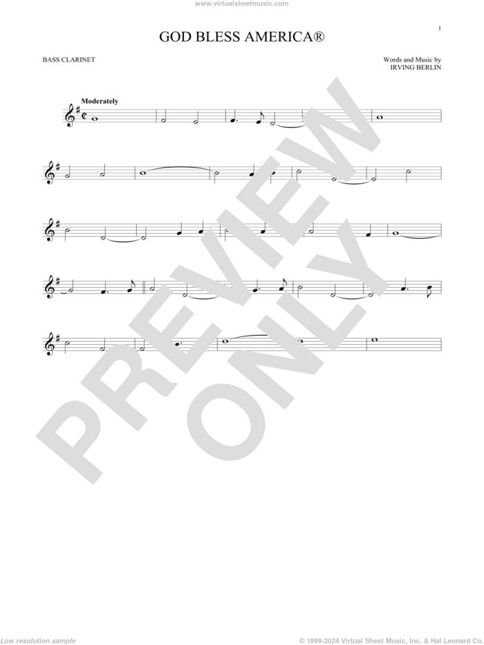 God Bless America sheet music for Bass Clarinet Solo (clarinetto basso) by Irving Berlin, intermediate skill level