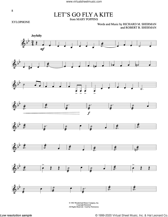 Let's Go Fly A Kite (from Mary Poppins) sheet music for Xylophone Solo (xilofone, xilofono, silofono) by Richard M. Sherman, Robert B. Sherman and Sherman Brothers, intermediate skill level