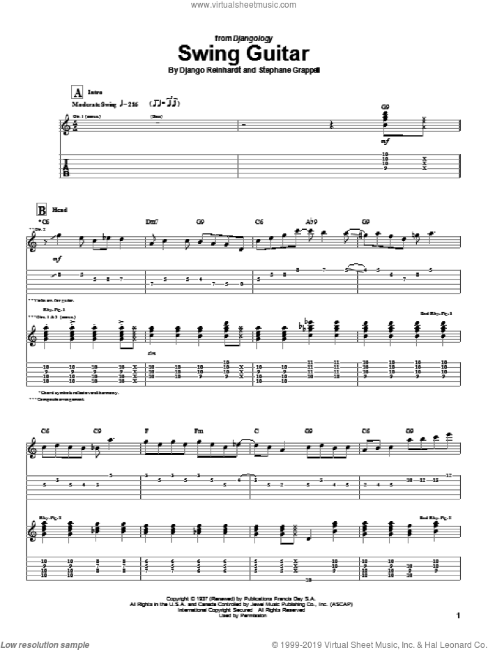 Swing Guitar sheet music for guitar (tablature) by Django Reinhardt and Stephane Grappelli, intermediate skill level