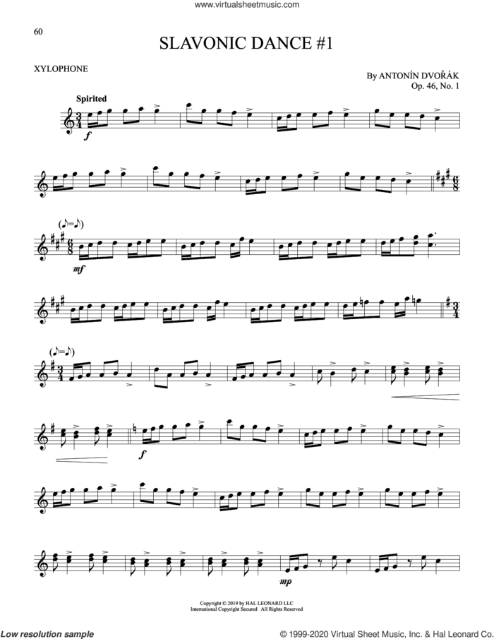 Slavonic Dance No. 1 sheet music for Xylophone Solo (xilofone, xilofono, silofono) by Antonin Dvorak, classical score, intermediate skill level