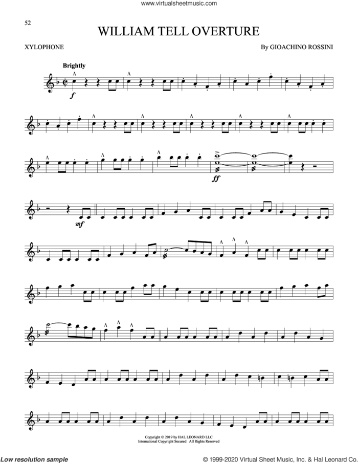 William Tell Overture sheet music for Xylophone Solo (xilofone, xilofono, silofono) by Gioacchino Rossini, classical score, intermediate skill level