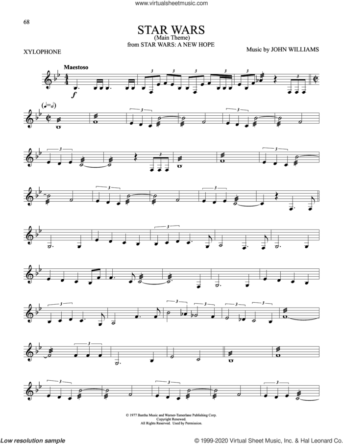 Star Wars (Main Theme) sheet music for Xylophone Solo (xilofone, xilofono, silofono) by John Williams, intermediate skill level
