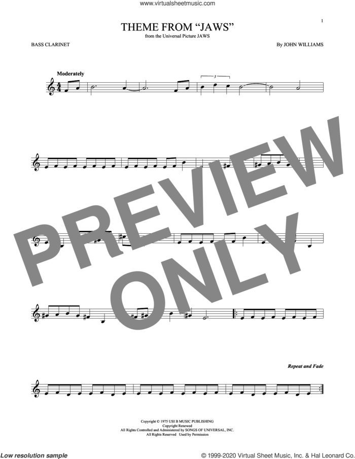 Theme from Jaws sheet music for Bass Clarinet Solo (clarinetto basso) by John Williams, intermediate skill level