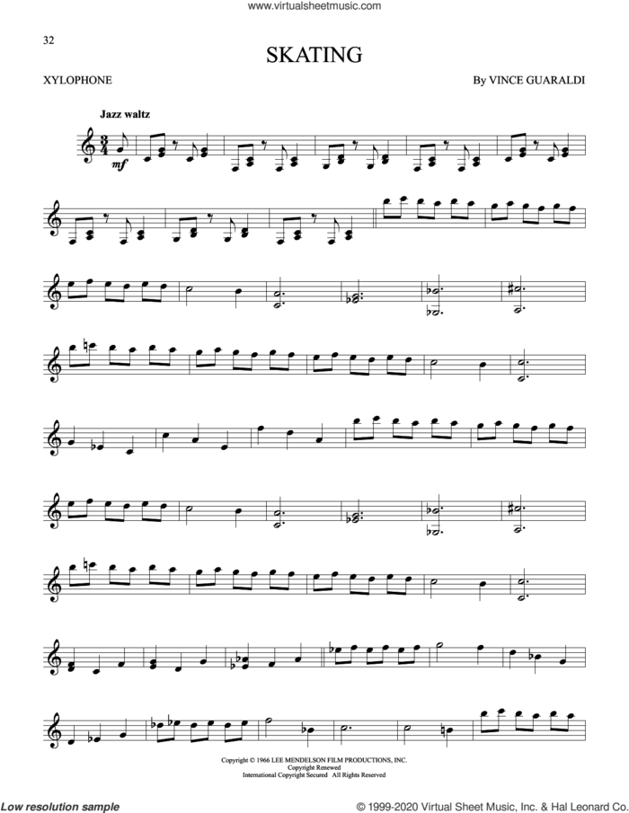 Skating sheet music for Xylophone Solo (xilofone, xilofono, silofono) by Vince Guaraldi, intermediate skill level