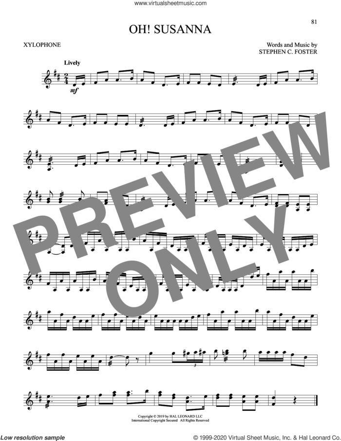 Oh! Susanna sheet music for Xylophone Solo (xilofone, xilofono, silofono) by Stephen Foster, intermediate skill level
