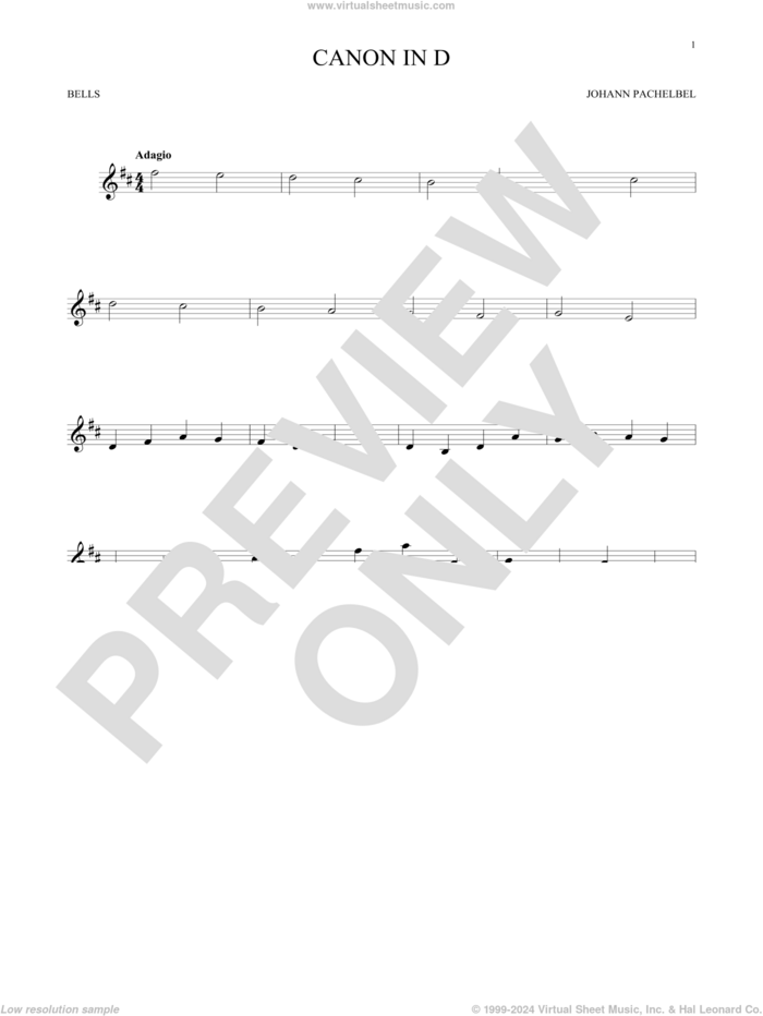 Canon In D sheet music for Hand Bells Solo (bell solo) by Johann Pachelbel, classical wedding score, intermediate Hand Bells Solo (bell)