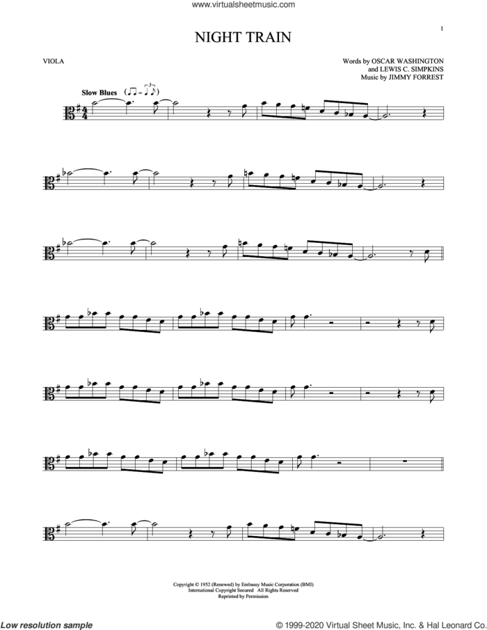 Night Train sheet music for viola solo by Jimmy Forrest, Lewis C. Simpkins and Oscar Washington, intermediate skill level