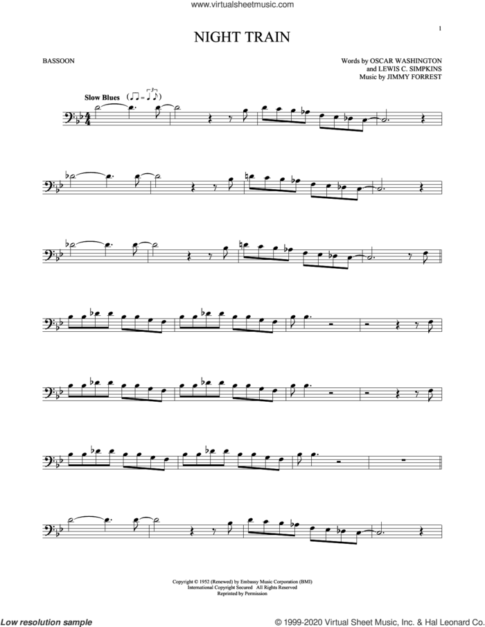 Night Train sheet music for Bassoon Solo by Jimmy Forrest, Lewis C. Simpkins and Oscar Washington, intermediate skill level