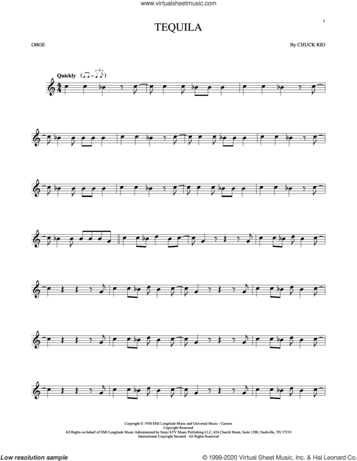 Tequila sheet music for oboe solo by The Champs and Chuck Rio, intermediate skill level