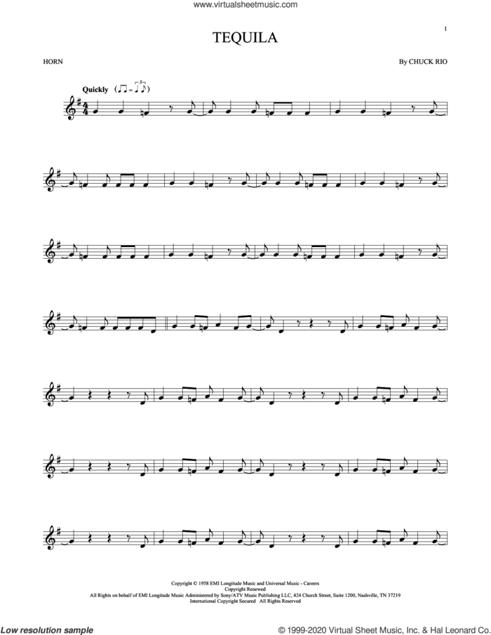 Tequila sheet music for horn solo by The Champs and Chuck Rio, intermediate skill level