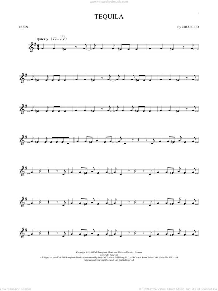 Tequila sheet music for horn solo by The Champs and Chuck Rio, intermediate skill level