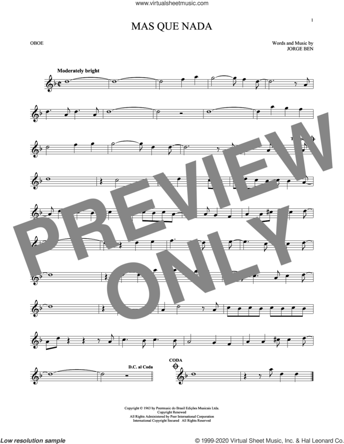 Mas Que Nada sheet music for oboe solo by Sergio Mendes and Jorge Ben, intermediate skill level