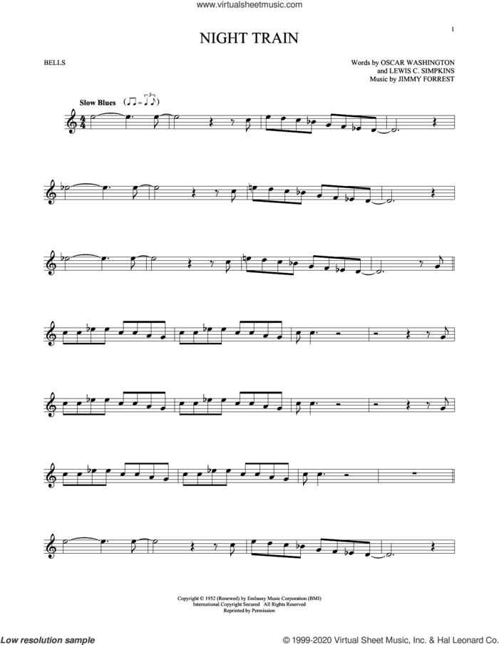 Night Train sheet music for Hand Bells Solo (bell solo) by Jimmy Forrest, Lewis C. Simpkins and Oscar Washington, intermediate Hand Bells Solo (bell)