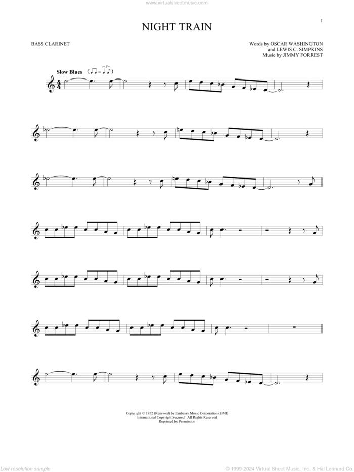 Night Train sheet music for Bass Clarinet Solo (clarinetto basso) by Jimmy Forrest, Lewis C. Simpkins and Oscar Washington, intermediate skill level