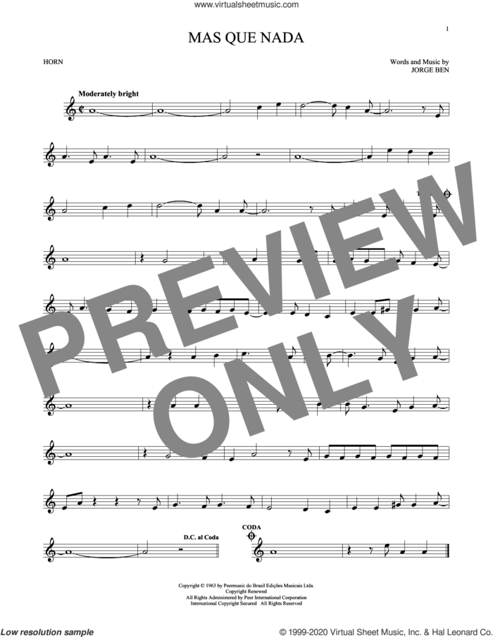 Mas Que Nada sheet music for horn solo by Sergio Mendes and Jorge Ben, intermediate skill level