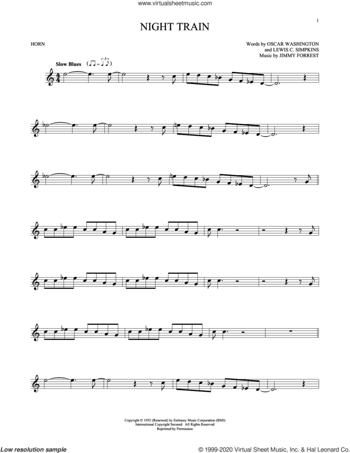 Night Train sheet music for horn solo by Jimmy Forrest, Lewis C. Simpkins and Oscar Washington, intermediate skill level