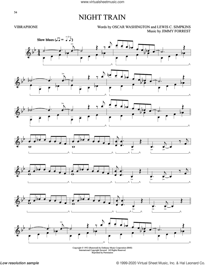 Night Train sheet music for Vibraphone Solo by Jimmy Forrest, Lewis C. Simpkins and Oscar Washington, intermediate skill level