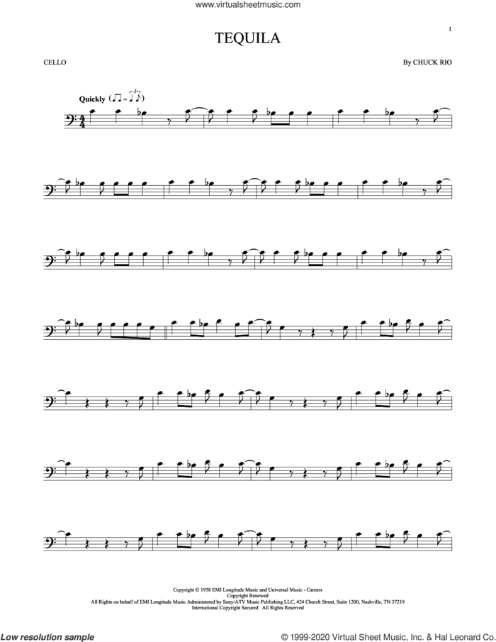 Tequila sheet music for cello solo by The Champs and Chuck Rio, intermediate skill level