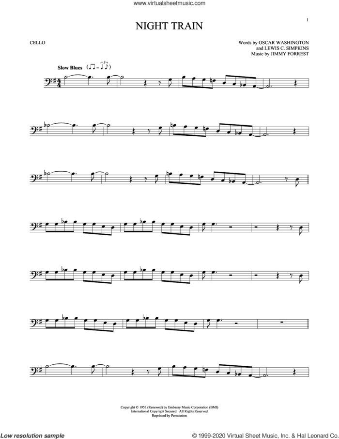 Night Train sheet music for cello solo by Jimmy Forrest, Lewis C. Simpkins and Oscar Washington, intermediate skill level