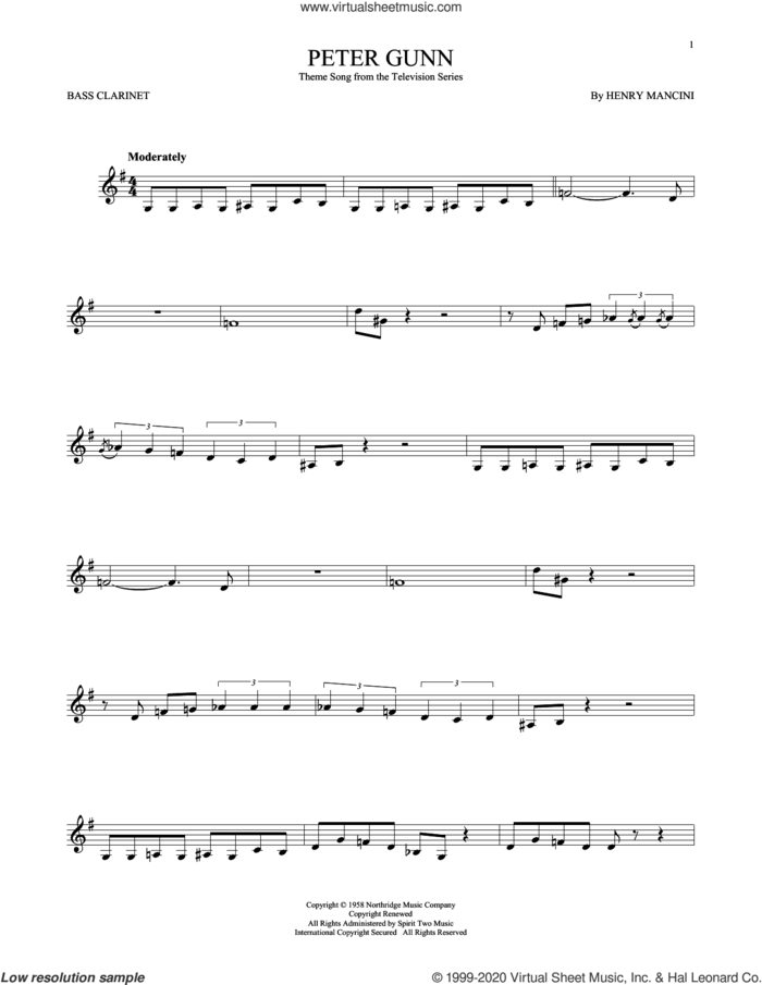 Peter Gunn sheet music for Bass Clarinet Solo (clarinetto basso) by Henry Mancini, intermediate skill level