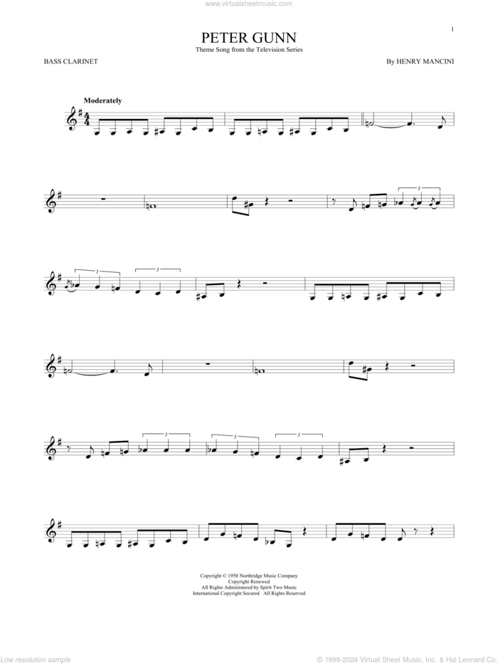 Peter Gunn sheet music for Bass Clarinet Solo (clarinetto basso) by Henry Mancini, intermediate skill level