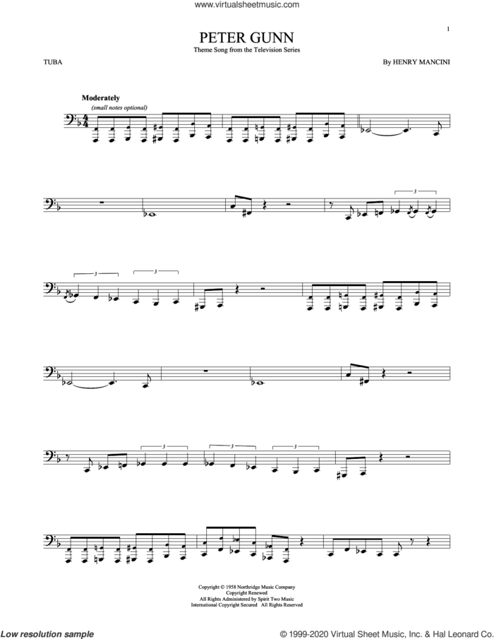 Peter Gunn sheet music for Tuba Solo (tuba) by Henry Mancini, intermediate skill level