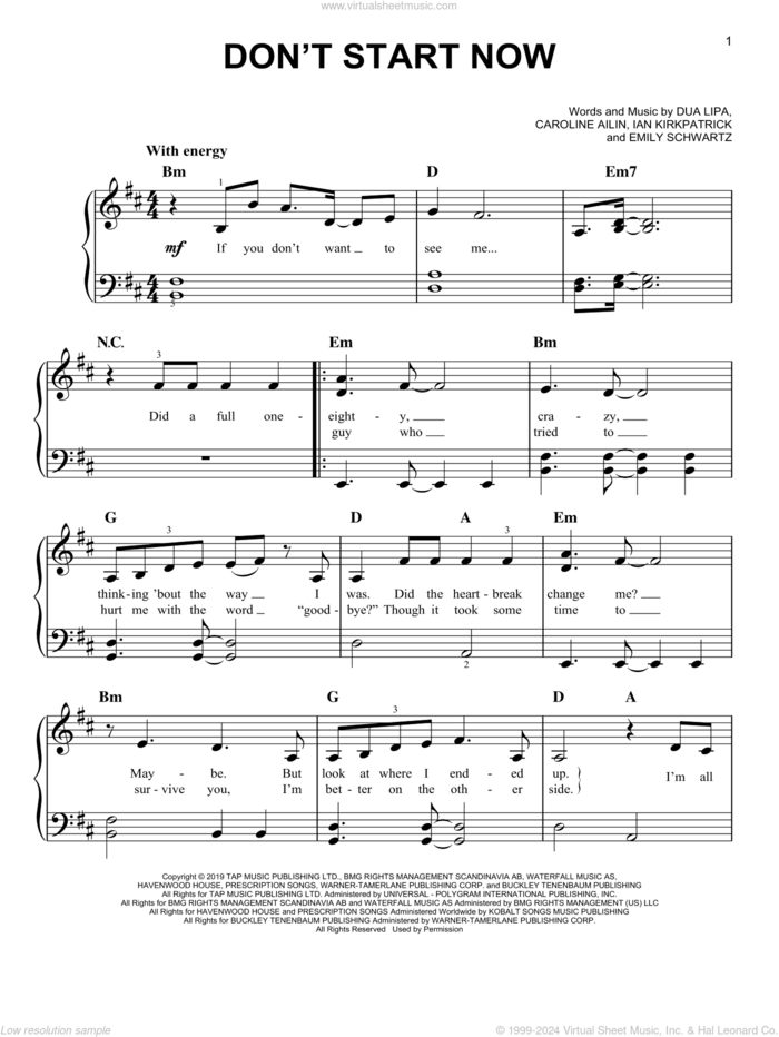 Don't Start Now sheet music for piano solo by Dua Lipa, Caroline Ailin, Emily Schwartz and Ian Kirkpatrick, easy skill level